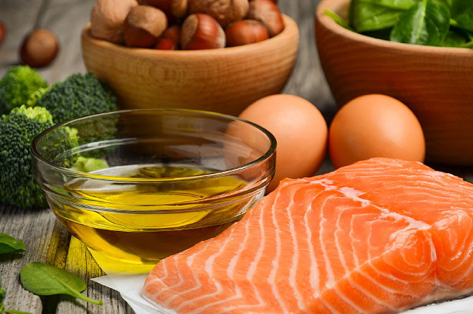 Ribe dvakrat  tedensko, oljčno olje, sadje in zelenjava